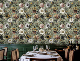 Floral butterfly wallpaper featuring white roses and monarchs, shown in elegant dining room with cane back chairs