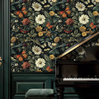 Floral butterfly wallpaper with daisies and monarch butterflies in elegant room with grand piano