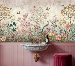Floral garden wall mural with peacocks and hummingbirds in sophisticated powder room with marble sink