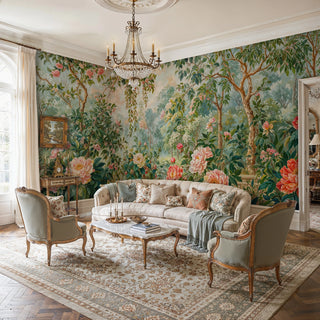 Floral garden wall mural with pink peonies, climbing roses, and lush green trees in an elegant living room with chandelier