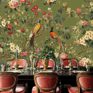 Floral paradise birds wallpaper with coral roses displayed in formal dining room with antique chairs