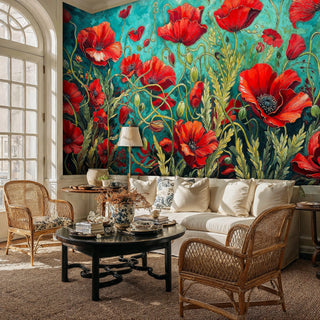 Floral poppy wall mural with vibrant blooms and botanical details in classic living room with white sofa