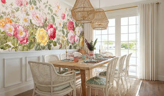 Floral wall mural with roses and peonies in cream background, displayed in elegant dining room with woven pendants