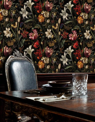 Floral wallpaper featuring colorful tulips and butterflies, shown in dining room with ornate chair and crystal glass