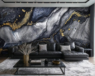 Fluid art wall mural featuring cosmic patterns in modern living room with leather sectional sofa