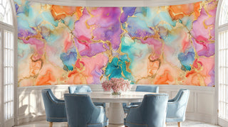 fluid art wall mural with purple and teal swirls in dining room with blue velvet chairs