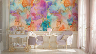 fluid art wallpaper with golden accents in elegant tea room with vintage gold cart