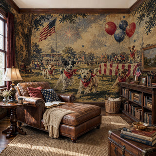 Folk art dogs celebration wall mural with fireworks in golden tones, in a study with leather chaise and bookcase