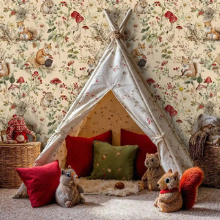 Forest animal wallpaper featuring squirrels and toadstools in playful kids room with white teepee and colorful pillows