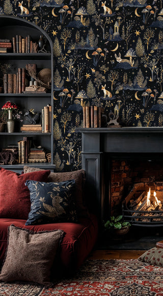 Forest animal wallpaper with navy background and gold accents, in sophisticated dining room with dark furniture