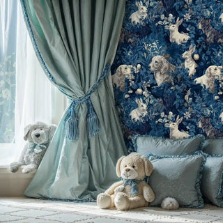 Forest animals wallpaper featuring rabbits and dogs, displayed in children's bedroom with wooden toy truck