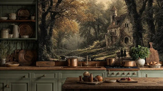 Forest chapel wall mural with misty woodland and stone tower, displayed in rustic kitchen with copper pots and sage green cabinets