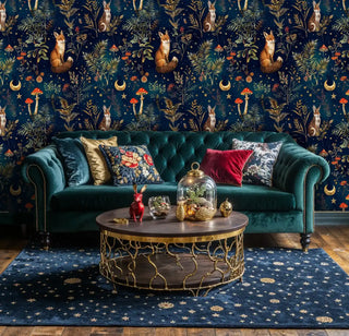 Forest creature wallpaper featuring rabbits and mushrooms on navy background, shown in luxurious living room with teal sofa