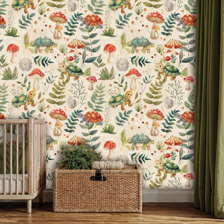 Forest creatures wallpaper with detailed turtles and ferns, displayed in children's room with wicker chest