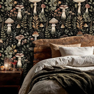 forest fungi wallpaper with intricate mushroom patterns, displayed in rustic bedroom with wooden headboard