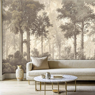 Forest glade wall mural in neutral tones shown in contemporary living room with marble coffee table