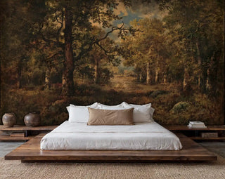 Forest landscape mural showing serene woodland path, featured in minimalist bedroom with low platform bed