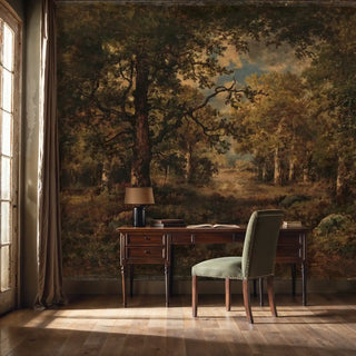 Forest landscape wall mural featuring ancient oaks and warm lighting, displayed in traditional home office with antique desk