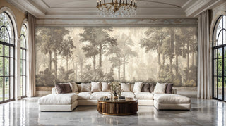 Forest landscape wall mural in warm tones shown in luxury living room with crystal chandelier