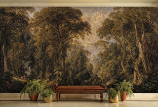 Forest landscape wall mural with ancient trees and deer, shown in minimalist entryway with wooden bench
