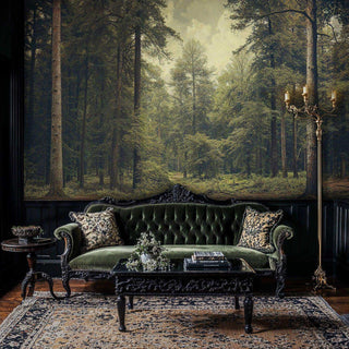 Forest landscape wall mural with golden light filtering through trees, displayed in elegant living room with green velvet sofa