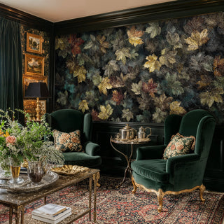 Forest leaves wall mural with golden autumn colors in traditional living room with wingback chairs