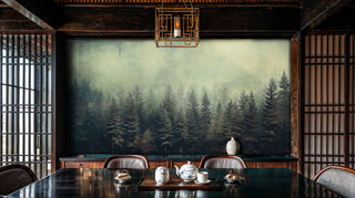 Forest mural depicting fog-shrouded conifers in traditional dining space with geometric pendant light