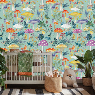 Forest mushroom wallpaper featuring spotted toadstools and birds, shown in nursery with white crib