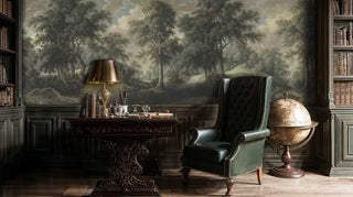 Forest pathway wall mural with ancient trees and winding trail in muted greens and browns, in classic study