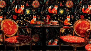 fox and celestial wallpaper featuring golden suns and red florals, displayed in elegant dining room with ornate chairs