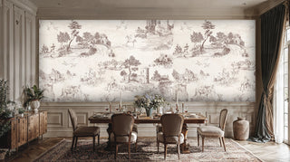 French countryside toile mural with horses and shepherds in sepia, in a formal dining room with set table and teal curtains
