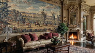 French countryside wall mural with palace, horses and riders in ornate living room with fireplace