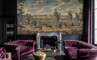 French estate wallpaper with equestrian scene in dramatic sitting room with marble fireplace