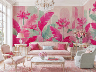Fuchsia lotus floral wall mural with sage green leaves, in an elegant Parisian living room with crystal chandelier