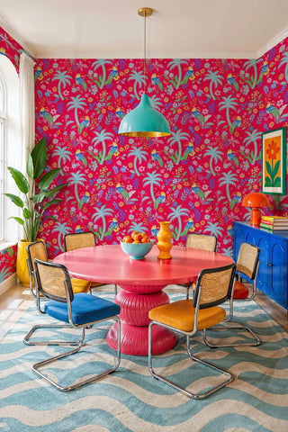 Fuchsia toucan and palm wallpaper with watercolor blooms, in a colorful dining room with pink round table