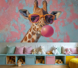 Fun giraffe wall mural featuring trendy glasses in children's playroom with stuffed animals and toy storage