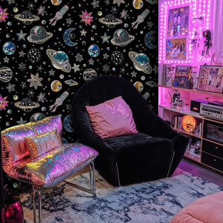 Galaxy jewel wallpaper with crystalline UFOs and planets, featured in modern entertainment room with neon lighting