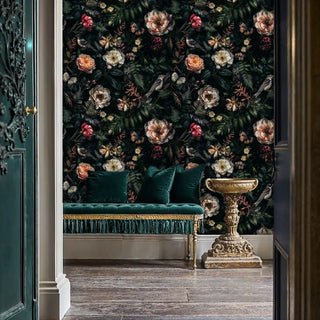 Garden bird wallpaper featuring roses and butterflies in elegant entryway with teal velvet bench
