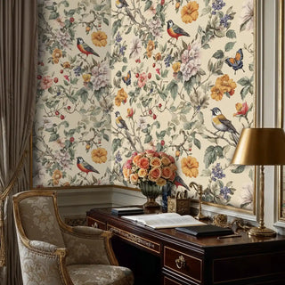 Garden birds and flowers wallpaper featuring songbirds and blooms in classic study with antique desk