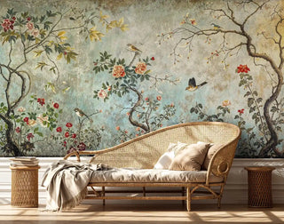 Garden birds wall mural featuring delicate florals and branches displayed in living room with wicker daybed