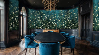 Garden birds wall mural in rich teal and ivory, featured in luxury gaming room with velvet chairs