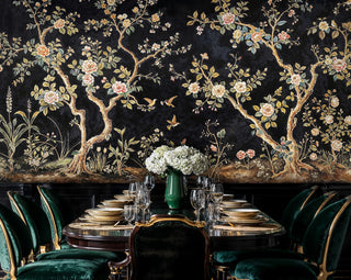 Garden birds Wall Mural with coral peonies on midnight background, in formal dining room with emerald chairs