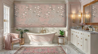 Garden birds wallpaper in soft pink and green tones, featured in luxurious bathroom with freestanding oval bathtub