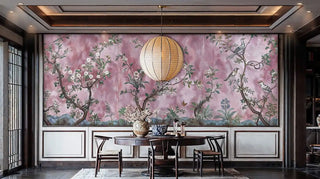 Garden birds wallpaper with flowering branches and butterflies, showcased in elegant dining room setting