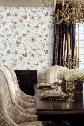 Garden butterfly peel and stick wallpaper with dancing butterflies, shown in elegant dining room with chandelier
