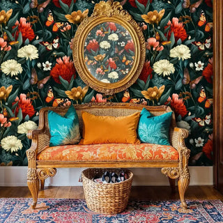 Garden butterfly wallpaper with coral and cream flowers in living room with ornate golden mirror