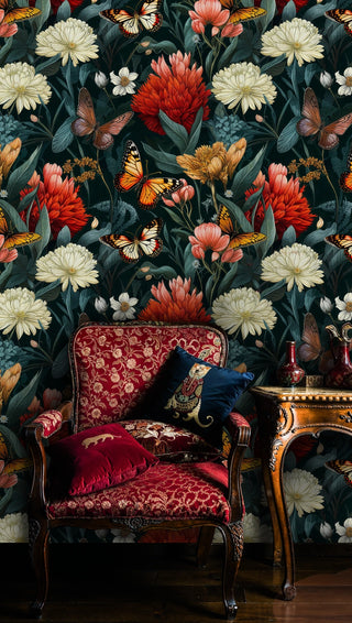 Garden butterfly wallpaper with coral flowers displayed in elegant room with red velvet antique chair