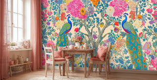 Garden paradise wall mural with peacocks and blooming flowers, featured in charming dining nook with wooden table