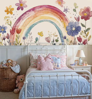 Garden rainbow wallpaper featuring soft botanical elements in a girl's bedroom with floral bedding