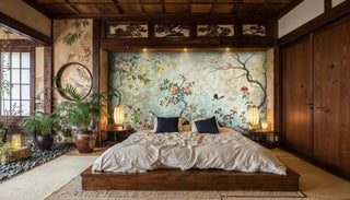 Garden songbirds wall mural with climbing roses displayed in rustic bedroom with wooden beam ceiling